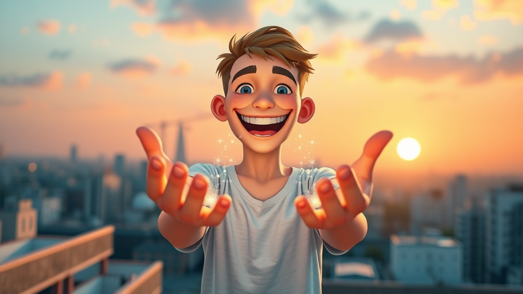 young man triumphant with prosperity mindset at mountain sunrise