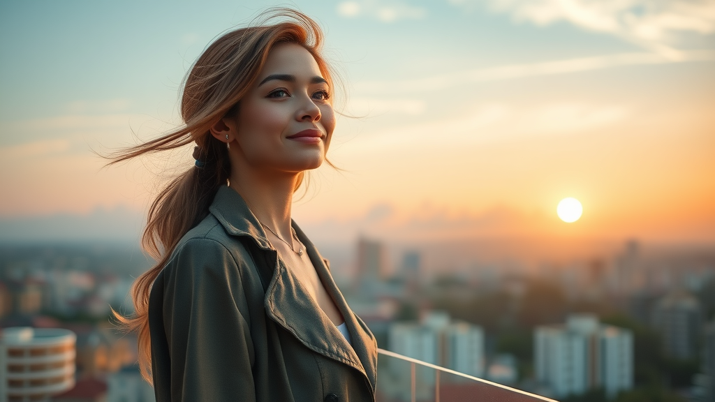 confident woman looking at sunrise after breakup, optimism, self-care, mental health healing