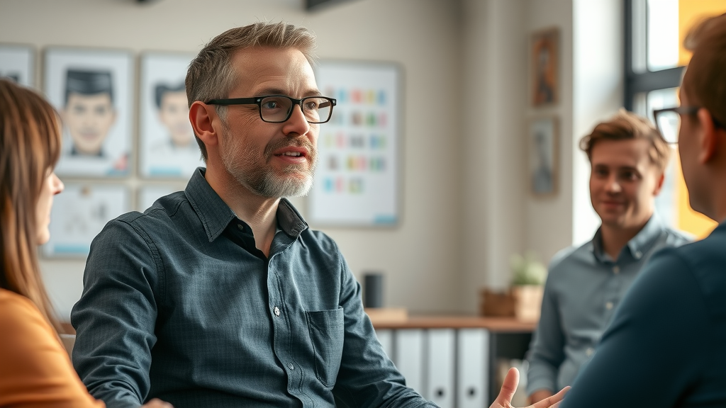 Confident entrepreneur sharing abundance mindset story in inspiring office
