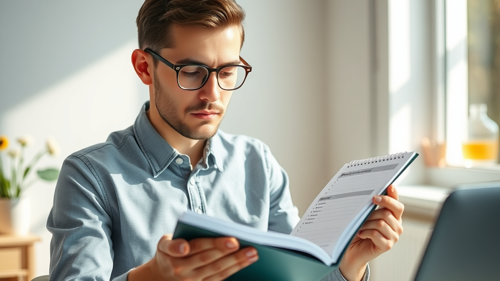 aspirational entrepreneur focused on financial success, updating goals in planner within a bright home office