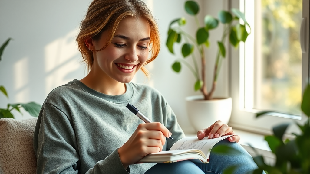 journaling affirmations for self-care after breakup, positive mental health, sunlit window