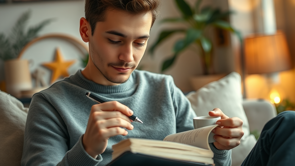 writing affirmations for prosperity mindset in a gratitude journal at a cozy home workspace