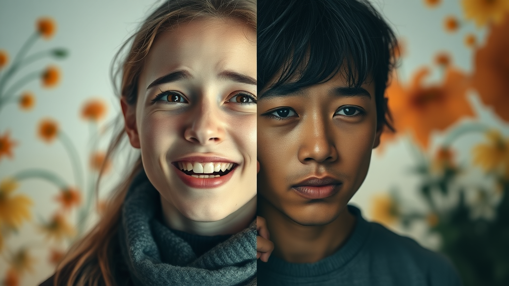 Optimistic face vs anxious face representing prosperity vs scarcity mindset