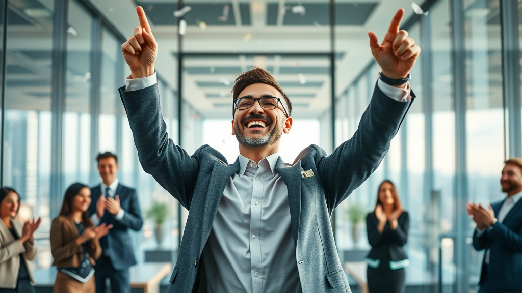 successful businessperson experiencing the power of positive thinking and prosperity in office
