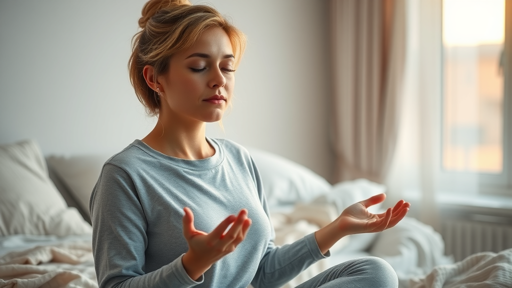 Motivated mother meditating during morning self-care time for manifestation affirmations and postpartum weight loss