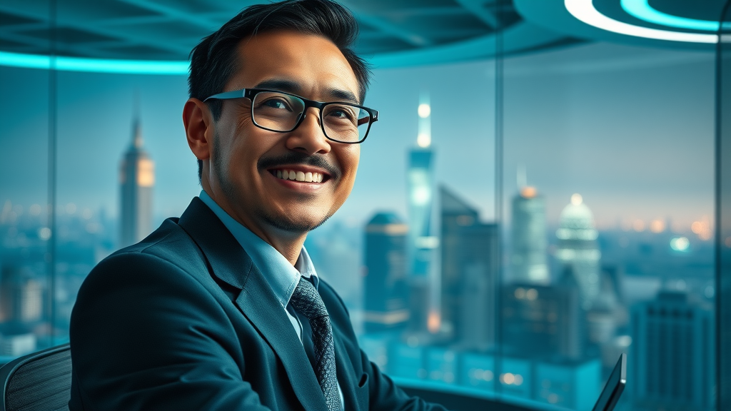 focused professional visualizing future success in a high-tech office, embodying prosperity mindset