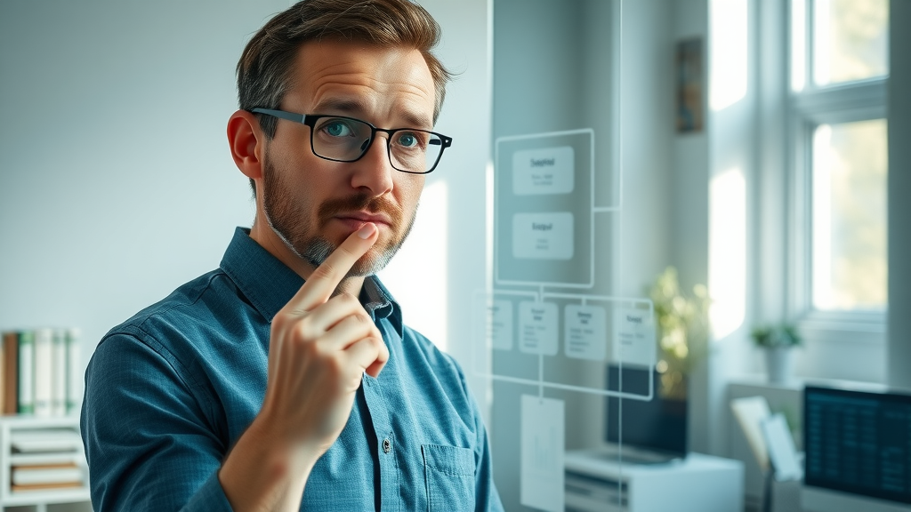 Person analyzing flowchart for identifying scarcity vs prosperity mindset