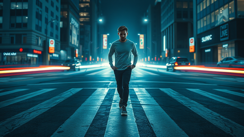 Person boldly stepping forward at crossroads between scarcity and prosperity mindset in modern cityscape