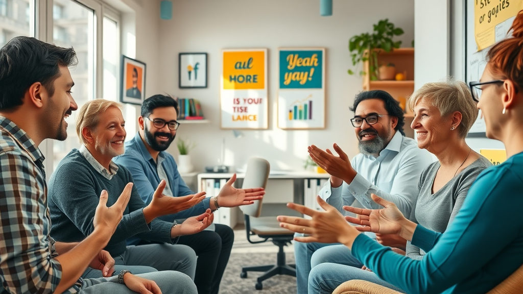 prosperous coach leading motivating coaching session with diverse clients, interactive goal planning in a vibrant modern office