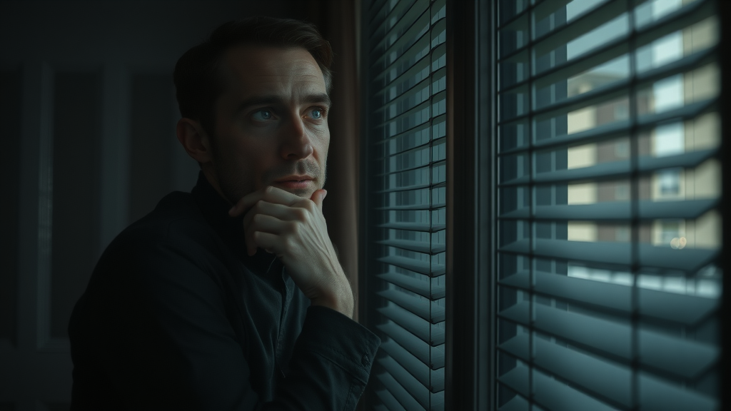 Contemplative individual reflecting on scarcity mindset limitations indoors