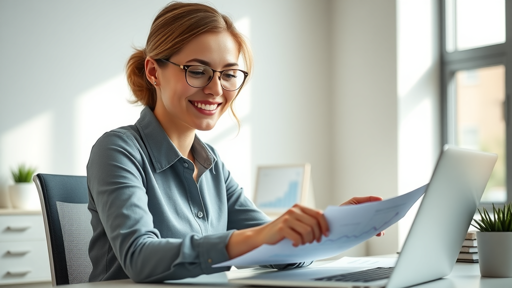 abundance mindset with a happy professional woman reviewing financial progress at a modern workspace