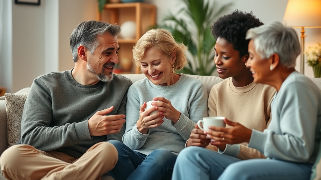 friends and family supporting each other after breakup, comforting self-care, warm living room
