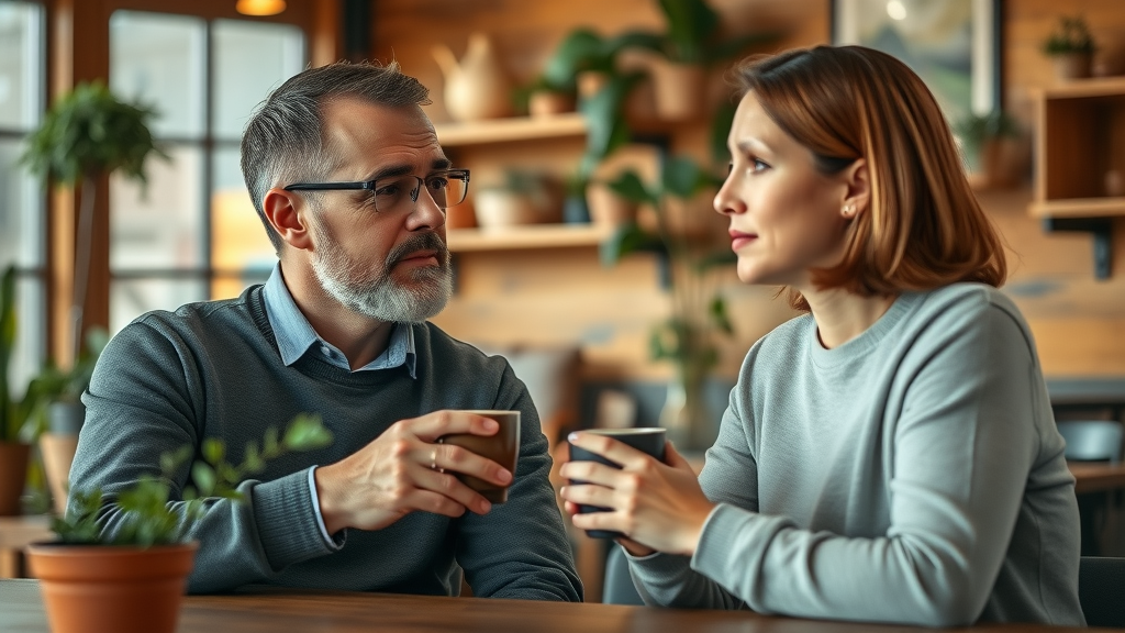 thoughtful coach and client discussing mindset coaching for prosperity, collaborative conversation in cozy cafe with natural plant accents