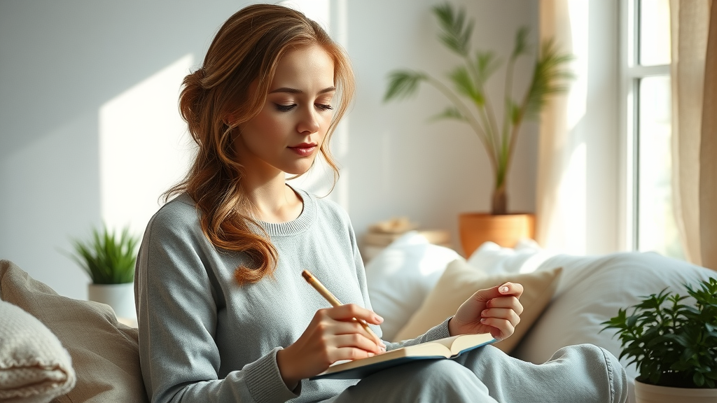 woman journaling for gratitude and prosperity mindset in a cozy, sunlit room; abundance mindset