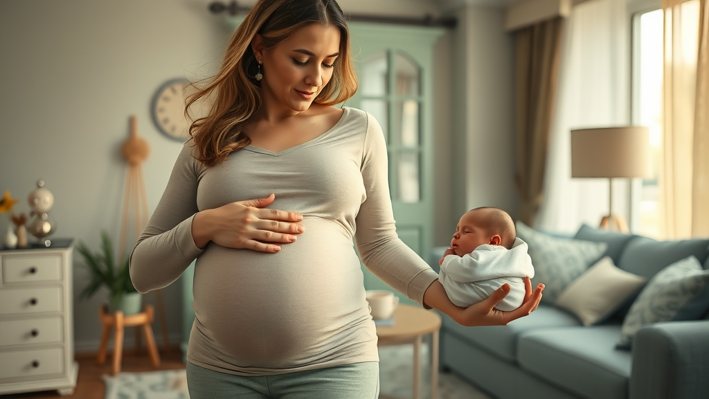 Pregnant woman transitioning to postpartum using manifestation affirmations, illustrating continuity and growth
