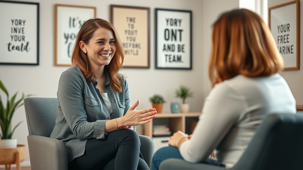 Friendly female psychologist in supportive therapy session guiding a postpartum mom through positive affirmations for weight loss and mental health