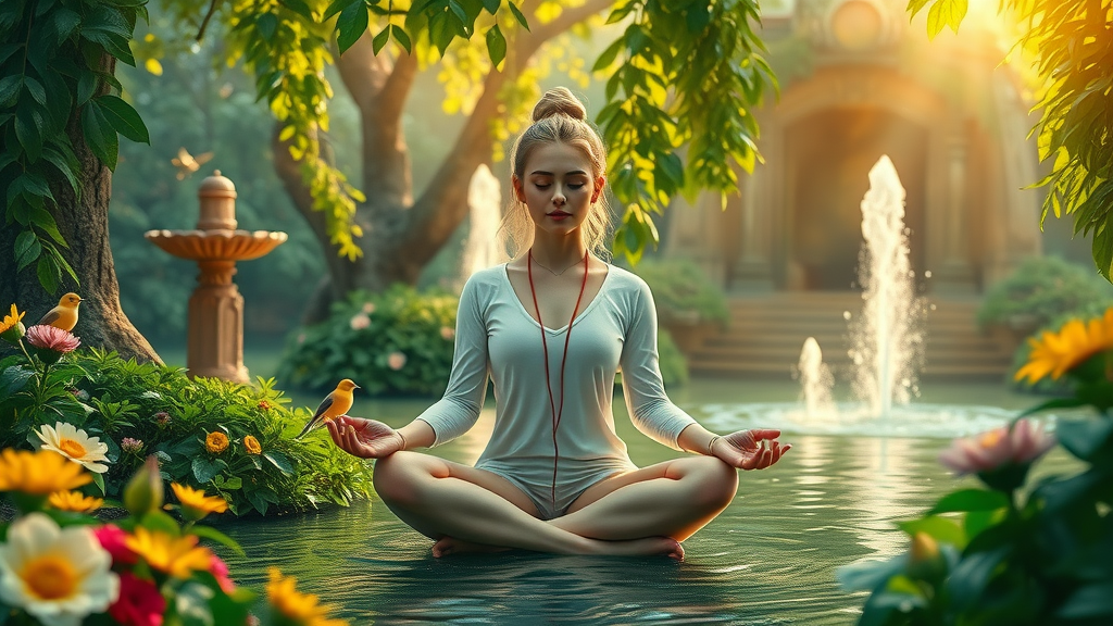 serene person meditating and practicing prosperity thinking in a lush garden