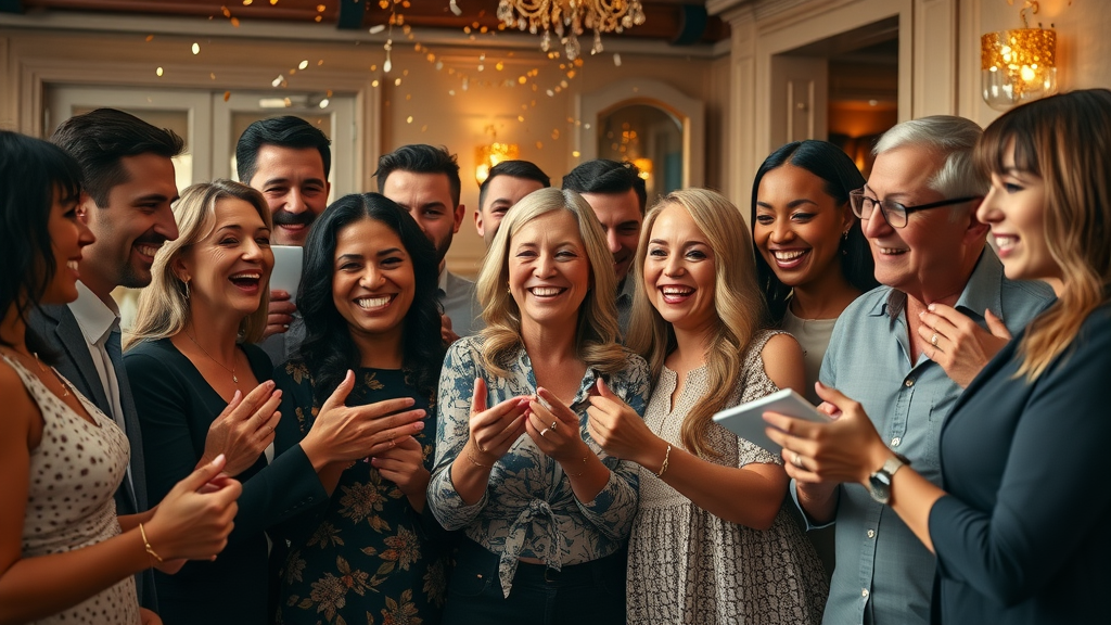 diverse group celebrating financial abundance after mindset coaching for prosperity, confetti and warm lighting