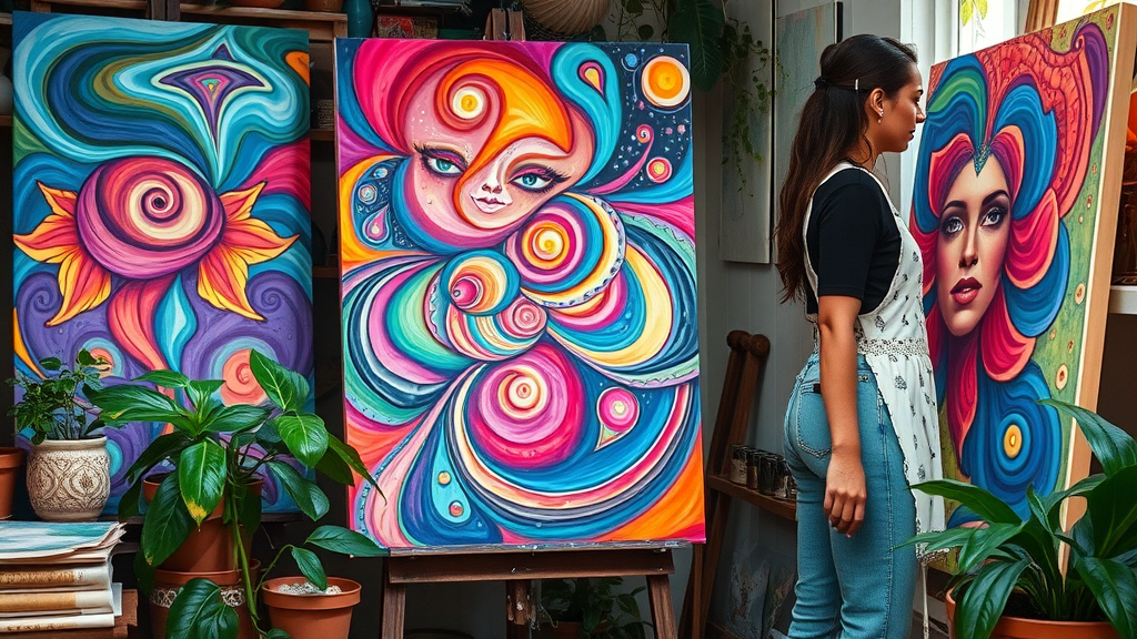 visionary artist painting abstract art, expressing abundance mindset and prosperity thinking
