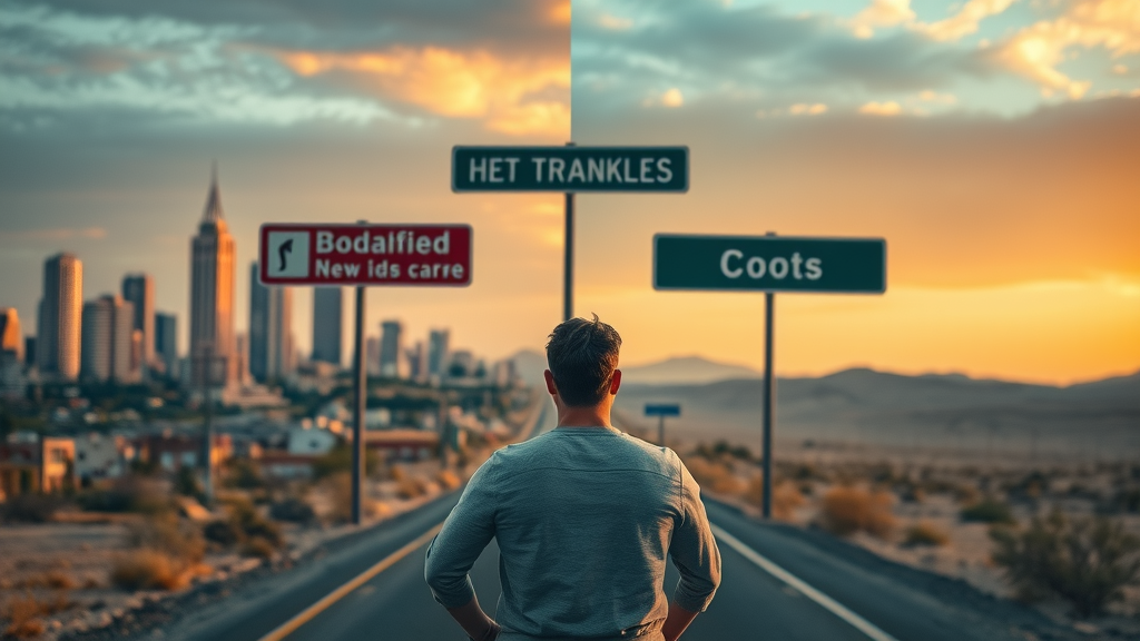 contemplative individual facing crossroads, deciding between prosperity thinking and old models