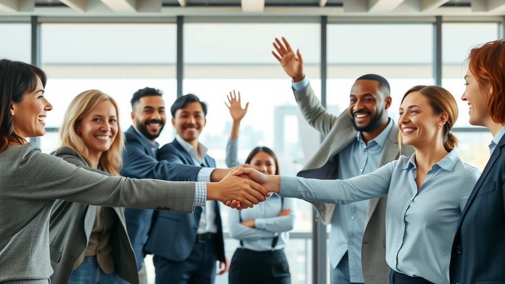 Diverse business team in an office shaking hands, celebrating prosperity mindset triumphs