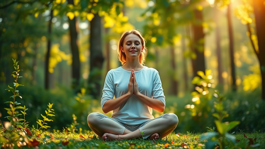 Person practicing gratitude meditation in lush forest, abundance mindset technique