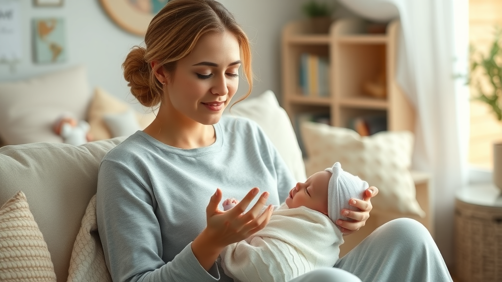Serene new mother reciting manifestation affirmations for postpartum weight loss in cozy home
