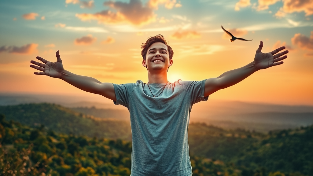 Optimistic individual embracing possibility with abundance mindset at sunrise
