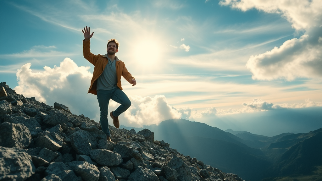 overcoming setbacks to abundance with a resilient individual climbing toward sunlight