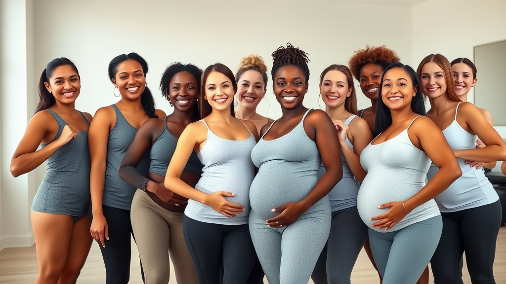 Diverse group of postpartum women proudly show before-and-after weight loss success using daily affirmation techniques