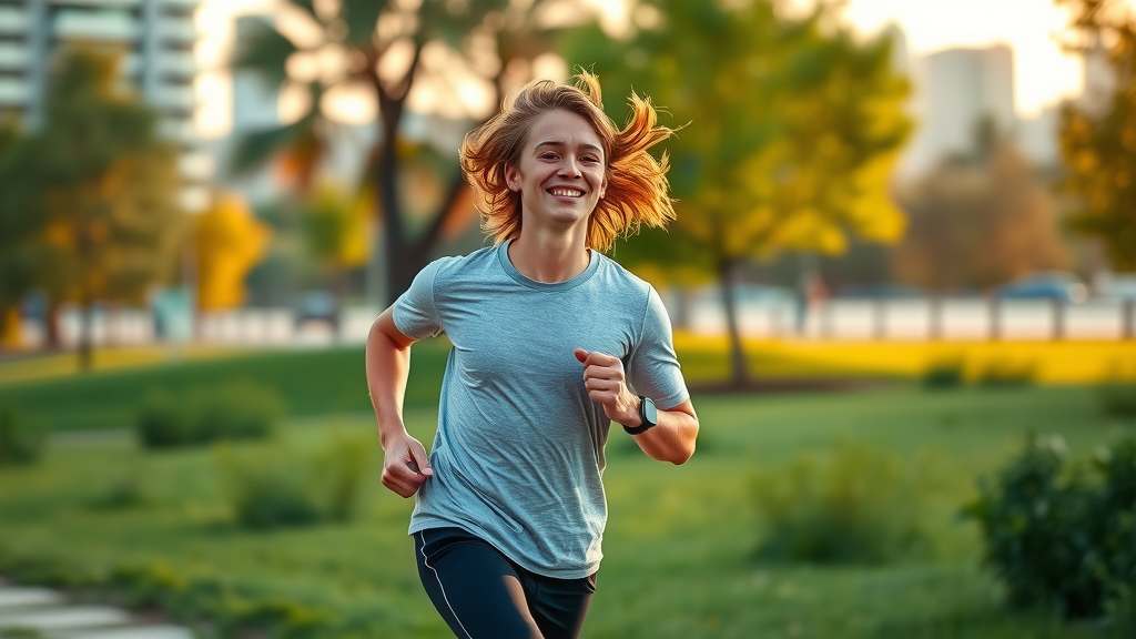 young adult jogging to recharge mental health after breakup, self-care activities in nature, city skyline