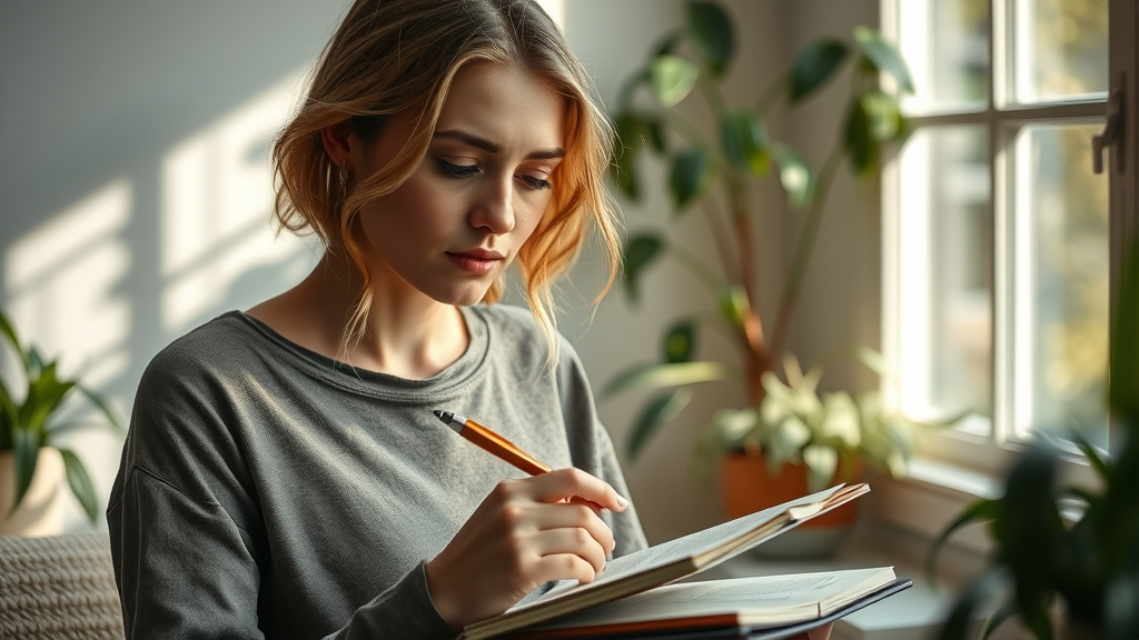 Reflective woman writing positive manifestation affirmations in a journal for postpartum mental health and weight loss