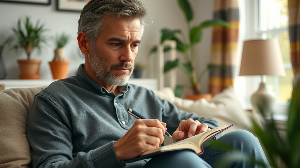 Focused adult journaling limiting beliefs in cozy home, abundance mindset technique