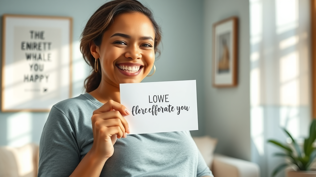 Confident postpartum woman holding a positive affirmation card for weight loss, radiating joy and strength